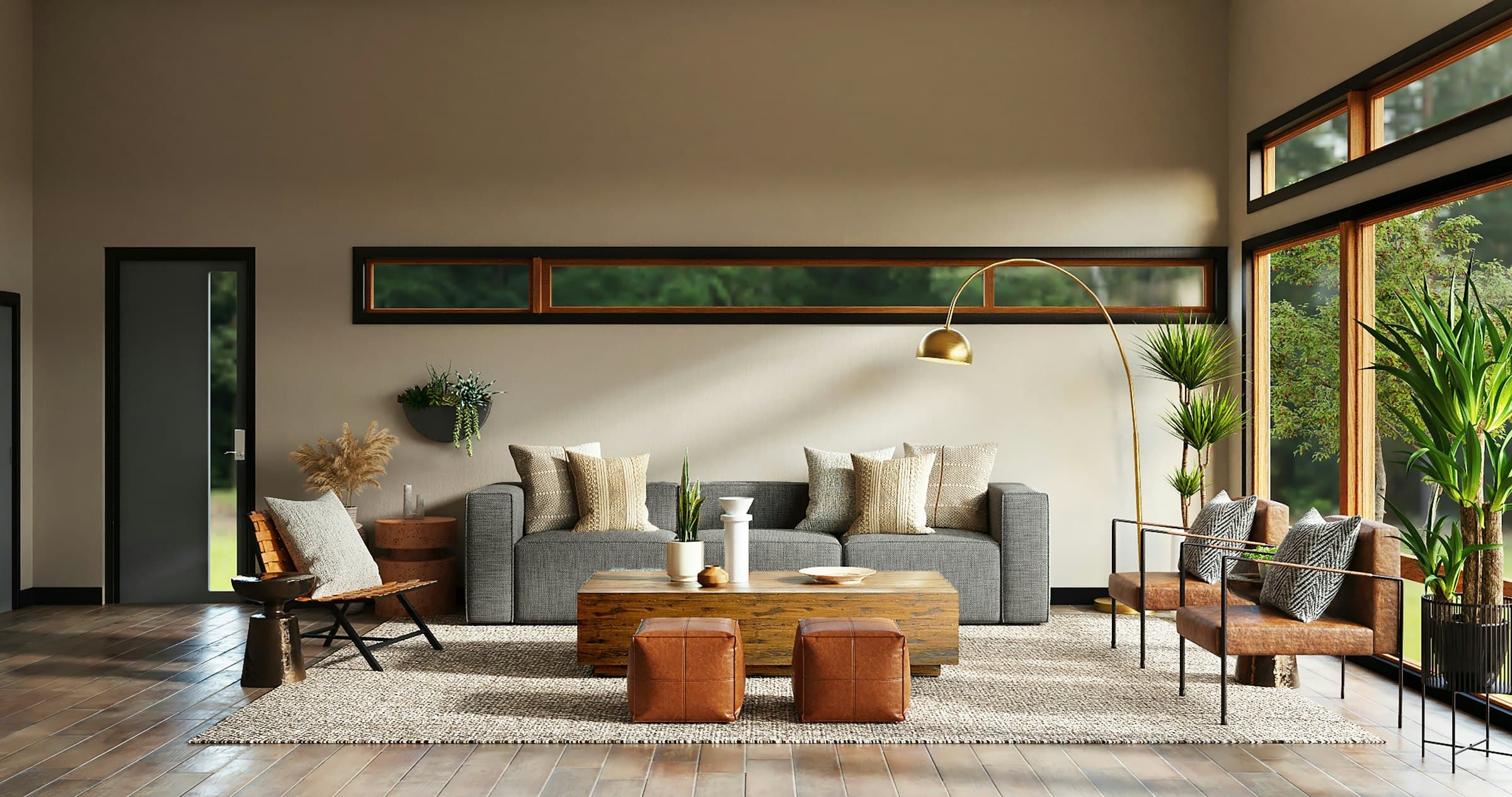 Warm living room with leather ottomans and soft lighting